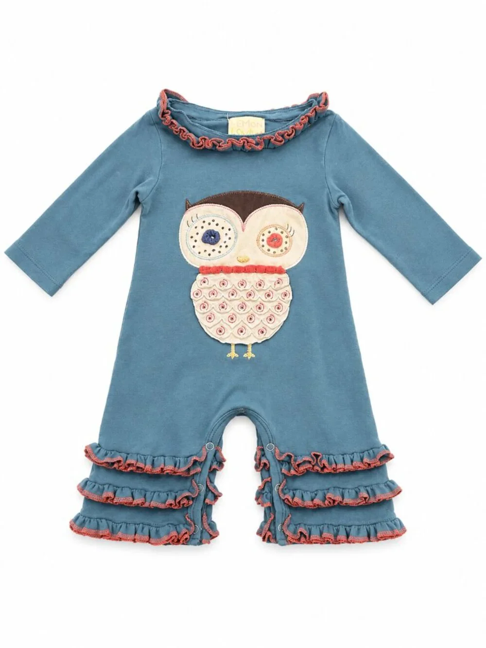Lemon Loves Lime Owl Ruffle Romper 3-6 Months Peruvian Pima Cotton EUC